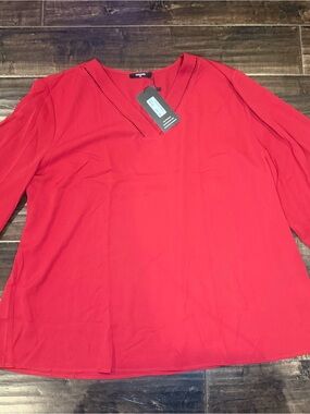 NWT Lotusmile Red Chiffon Bell Sleeve Blouse V-Neck Lace Trim Top Size XXL 2XL